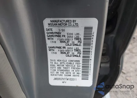 2001 Infiniti Qx4 Luxury z USA, uszkodzony, nr VIN JNRDR07Y71W102011